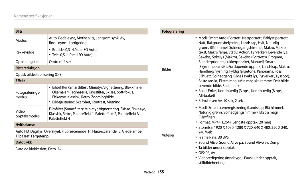 Samsung EC-WB700ZBPSE2, EC-WB800FBPWE2, EC-WB700ZBPBE2, EC-WB800FBPBE2 manual Blits, Ristereduksjon, Hvitbalanse, Datotrykk 