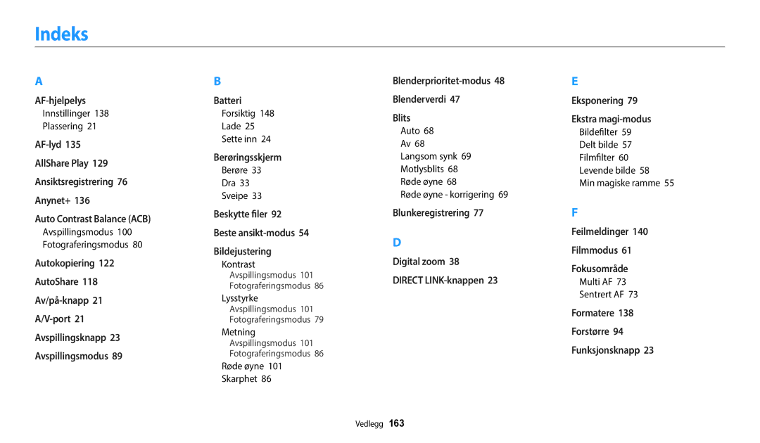 Samsung EC-WB700ZBPBE2, EC-WB700ZBPSE2, EC-WB800FBPWE2, EC-WB800FBPBE2, EC-WB800FFPWE2, EC-WB800FFPBE2 manual Indeks 