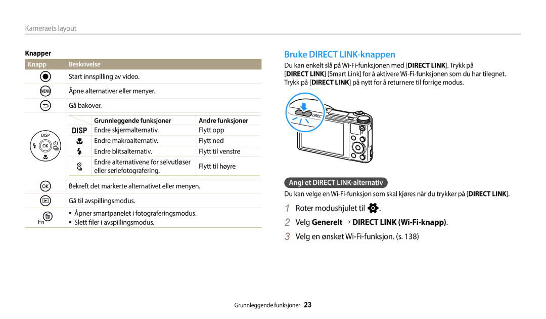 Samsung EC-WB700ZBPSE2 manual Bruke Direct LINK-knappen, Roter modushjulet til n, Velg Generelt “ Direct Link Wi-Fi-knapp 