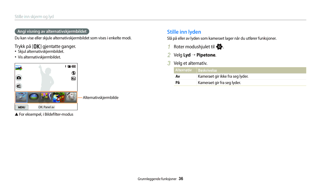 Samsung EC-WB800FBPWE2 manual Stille inn lyden, Trykk på o gjentatte ganger, Velg Lyd “ Pipetone, Velg et alternativ 