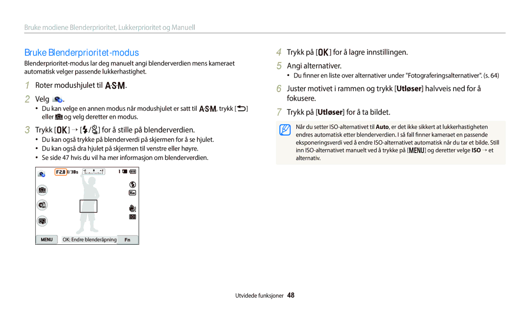 Samsung EC-WB800FBPWE2, EC-WB700ZBPSE2, EC-WB700ZBPBE2 manual Bruke Blenderprioritet-modus, Roter modushjulet til G Velg 