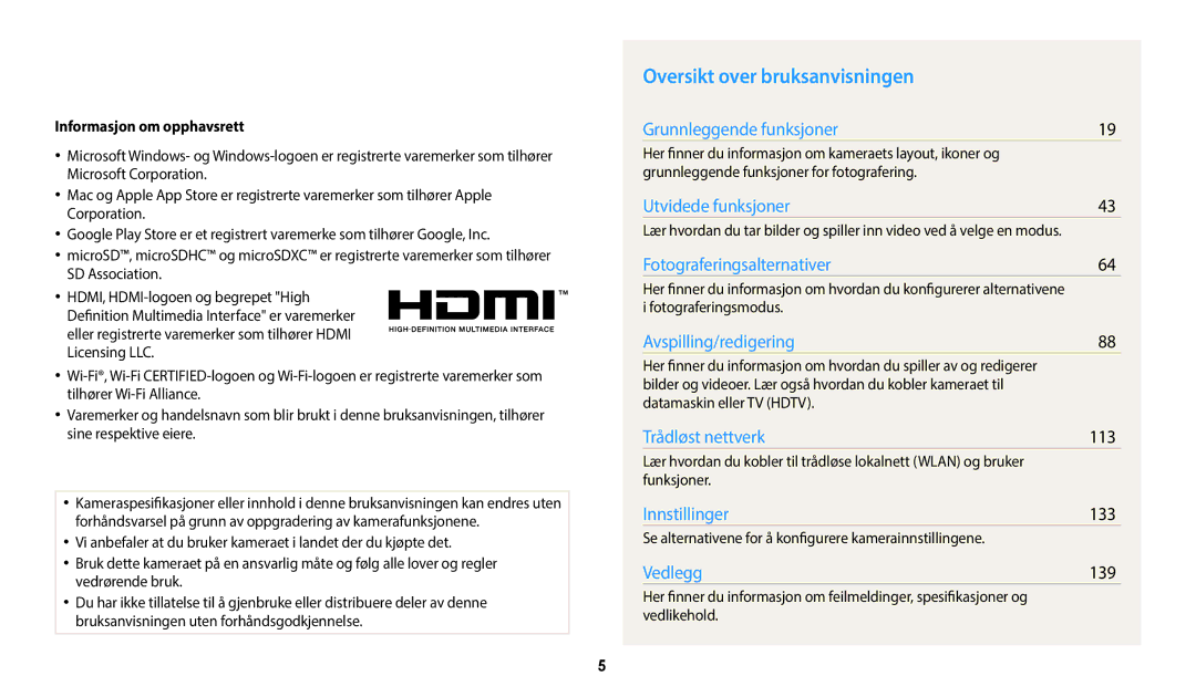 Samsung EC-WB700ZBPSE2, EC-WB800FBPWE2 manual Oversikt over bruksanvisningen, 113, 133, 139, Informasjon om opphavsrett 