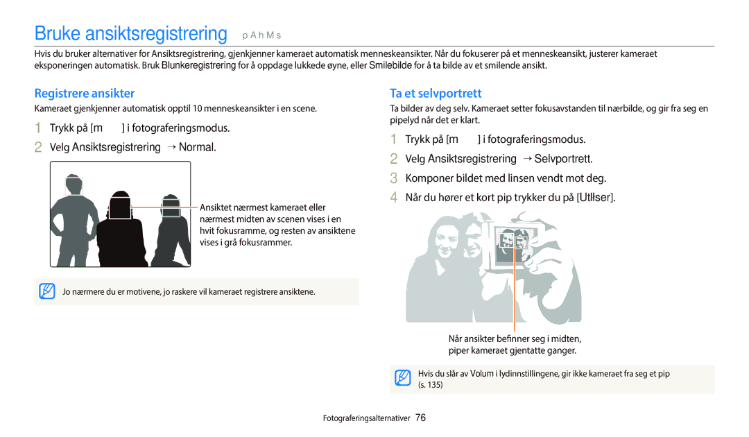 Samsung EC-WB800FFPBE2, EC-WB700ZBPSE2 manual Bruke ansiktsregistrering p a h M s, Registrere ansikter, Ta et selvportrett 