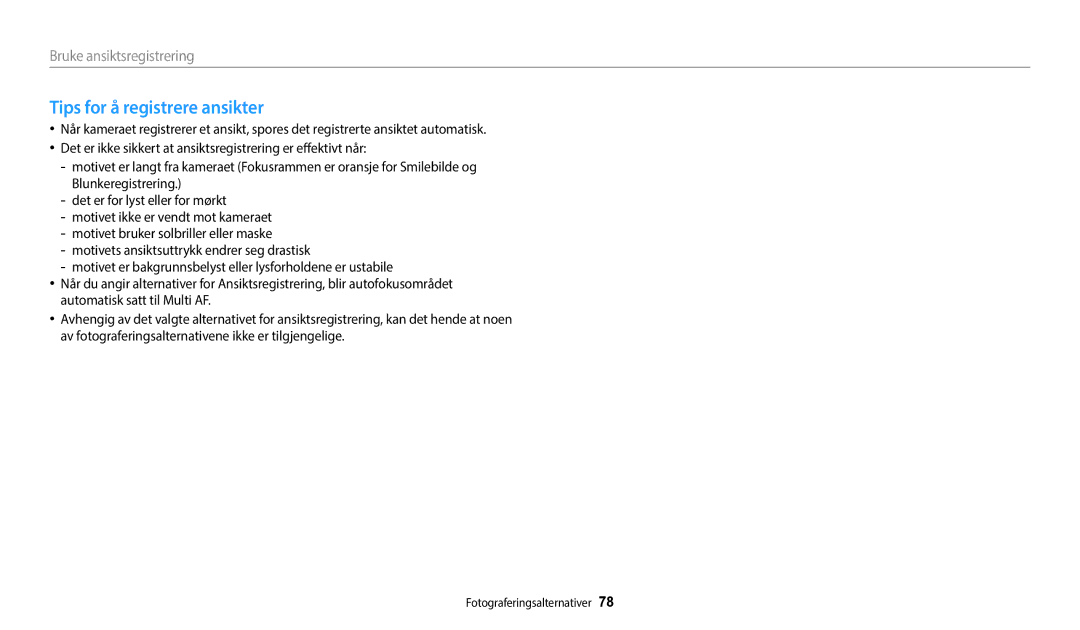 Samsung EC-WB800FBPWE2, EC-WB700ZBPSE2, EC-WB700ZBPBE2, EC-WB800FBPBE2, EC-WB800FFPWE2 manual Tips for å registrere ansikter 