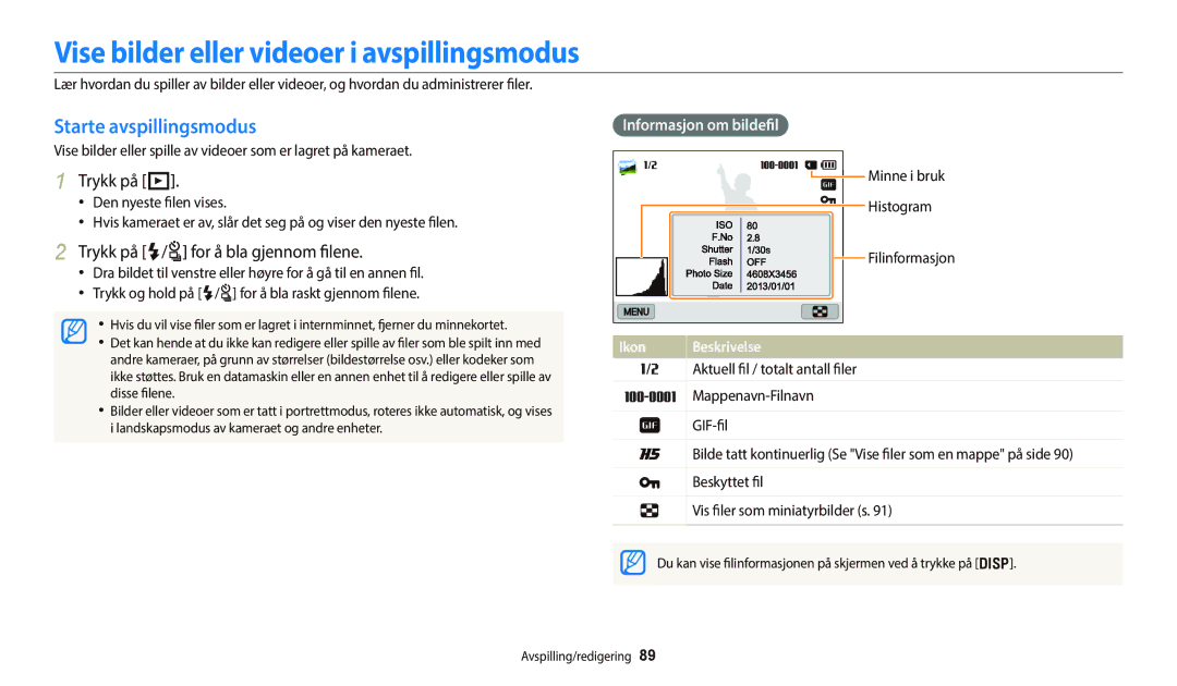 Samsung EC-WB700ZBPSE2, EC-WB800FBPWE2 Vise bilder eller videoer i avspillingsmodus, Starte avspillingsmodus, Trykk på P 