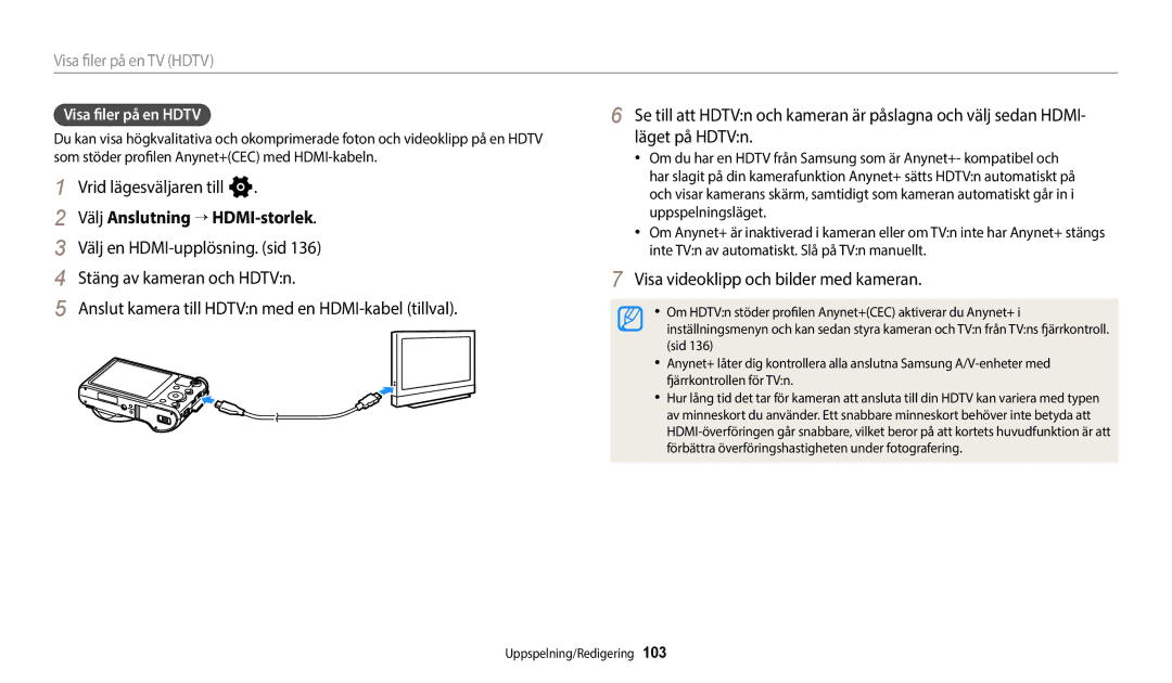 Samsung EC-WB700ZBPBE2 manual Välj Anslutning “ HDMI-storlek, Visa videoklipp och bilder med kameran, Visa filer på en Hdtv 