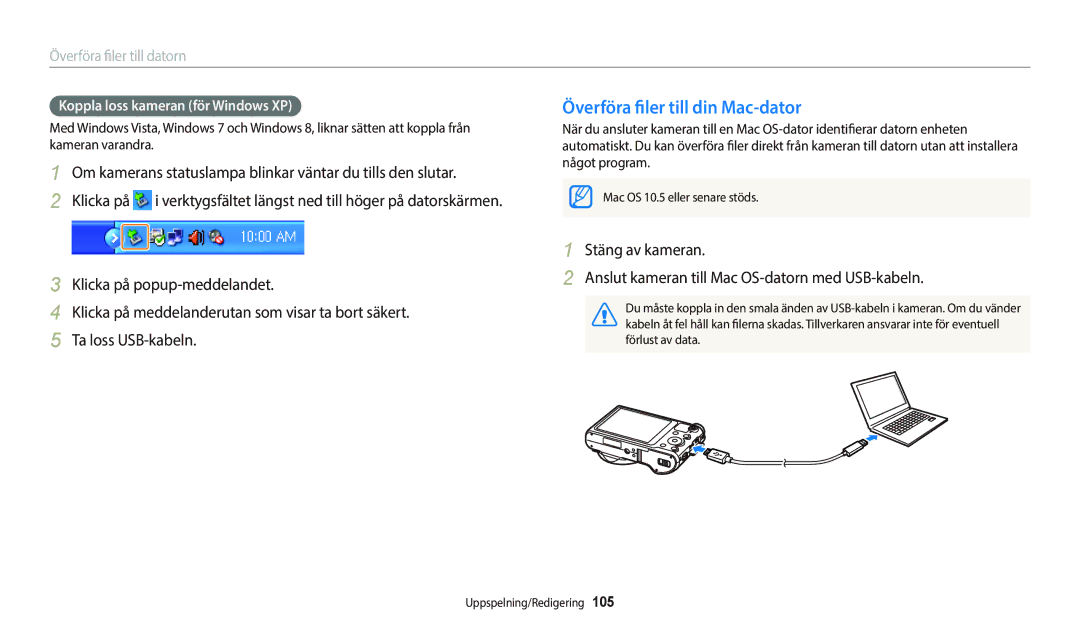 Samsung EC-WB800FFPWE2, EC-WB700ZBPSE2 manual Överföra filer till din Mac-dator, Koppla loss kameran för Windows XP 