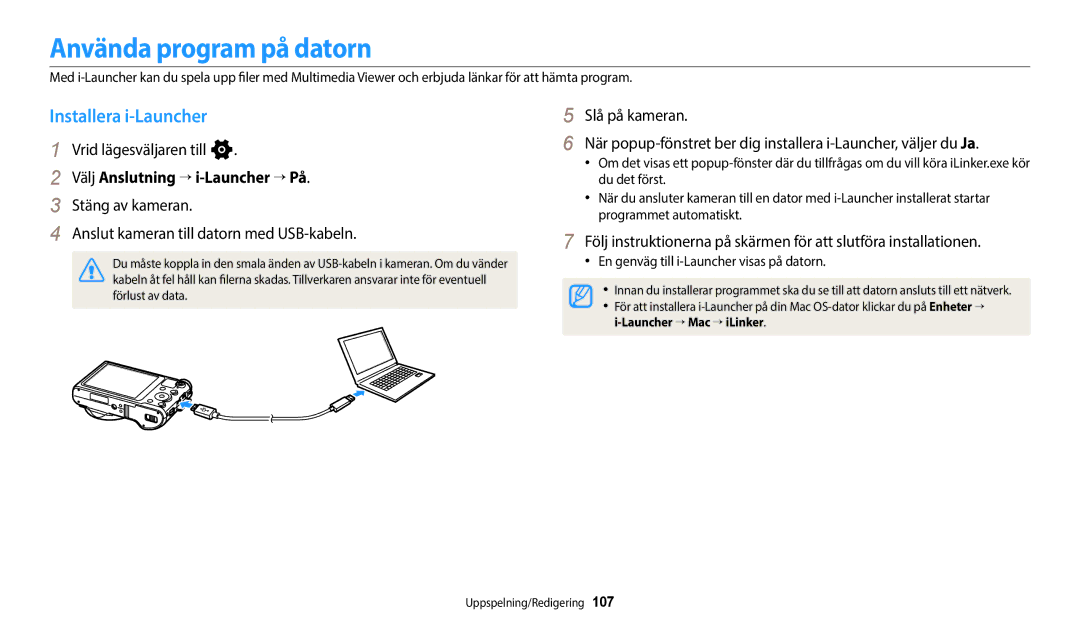 Samsung EC-WB700ZBPSE2, EC-WB800FBPWE2 Använda program på datorn, Installera i-Launcher, Välj Anslutning “ i-Launcher “ På 