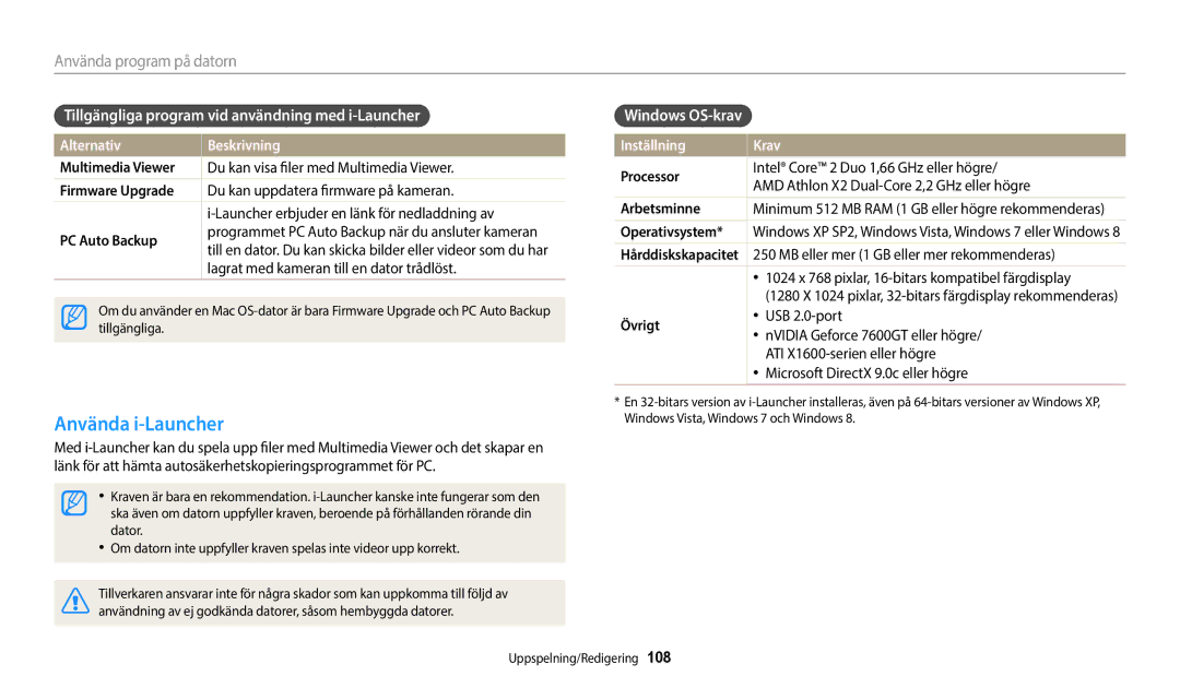 Samsung EC-WB800FBPWE2 manual Använda i-Launcher, Tillgängliga program vid användning med i-Launcher, Windows OS-krav 