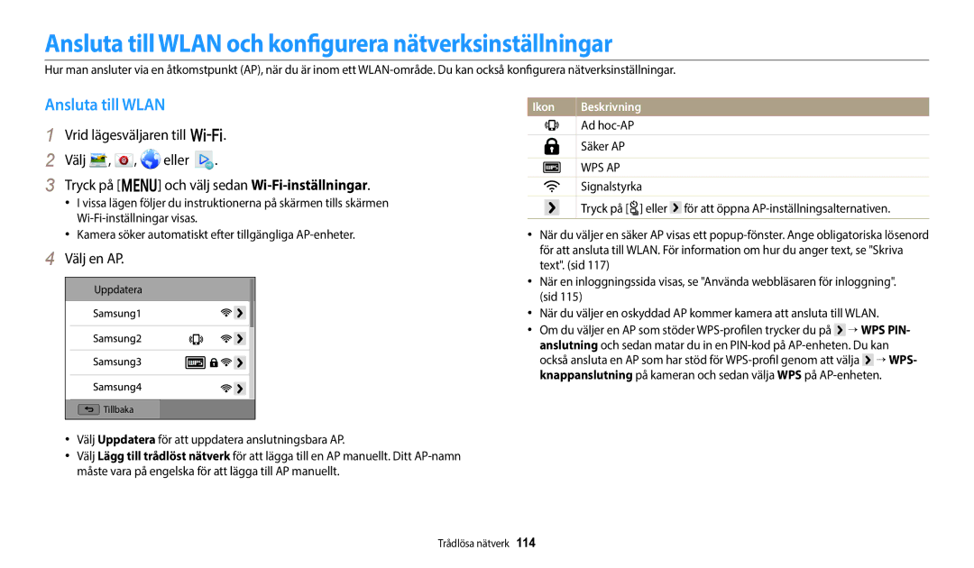 Samsung EC-WB800FBPWE2, EC-WB700ZBPSE2, EC-WB700ZBPBE2 Ansluta till Wlan och konfigurera nätverksinställningar, Välj en AP 