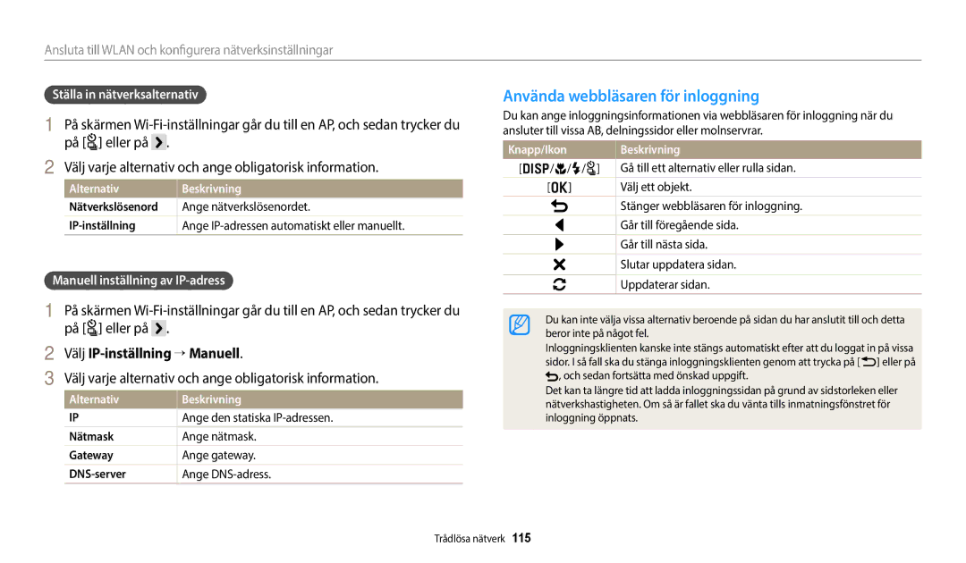 Samsung EC-WB700ZBPBE2, EC-WB700ZBPSE2 Använda webbläsaren för inloggning, På t eller på, Välj IP-inställning “ Manuell 