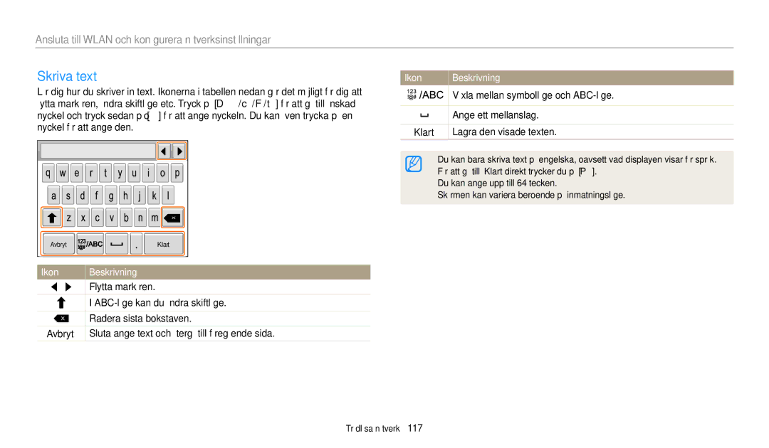 Samsung EC-WB800FFPWE2, EC-WB700ZBPSE2, EC-WB800FBPWE2, EC-WB700ZBPBE2, EC-WB800FBPBE2 manual Skriva text, Ikon Beskrivning 