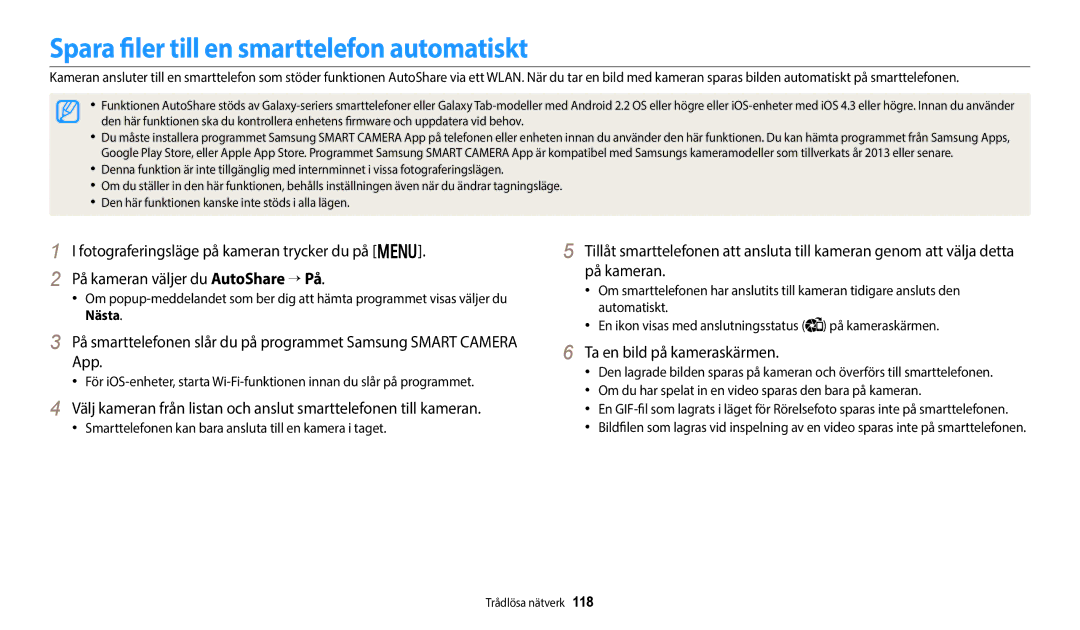 Samsung EC-WB800FFPBE2, EC-WB700ZBPSE2 manual Spara filer till en smarttelefon automatiskt, Ta en bild på kameraskärmen 