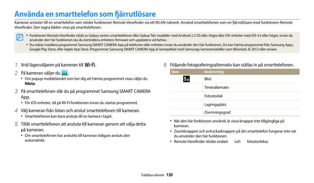 Samsung EC-WB800FBPWE2 manual Använda en smarttelefon som fjärrutlösare, Timeralternativ, Fotostorlek, Lagringsplats 