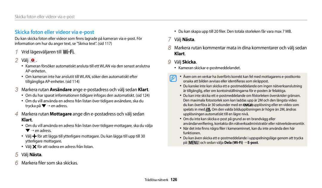 Samsung EC-WB800FBPWE2, EC-WB700ZBPSE2 manual Skicka foton eller videor via e-post, Välj Nästa Markera filer som ska skickas 