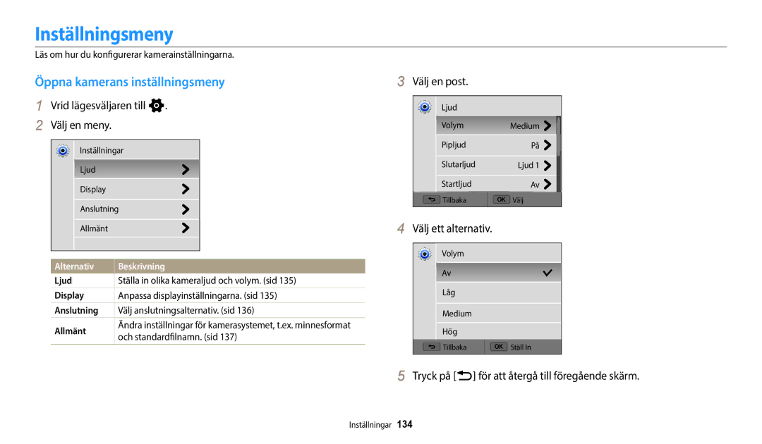 Samsung EC-WB800FBPBE2 manual Inställningsmeny, Öppna kamerans inställningsmeny, Vrid lägesväljaren till n Välj en meny 