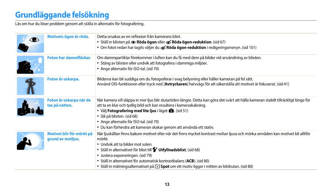 Samsung EC-WB700ZBPBE2 Grundläggande felsökning, Röda ögon-reduktion. sid, Välj Fotografering med lite ljus i läget s. sid 