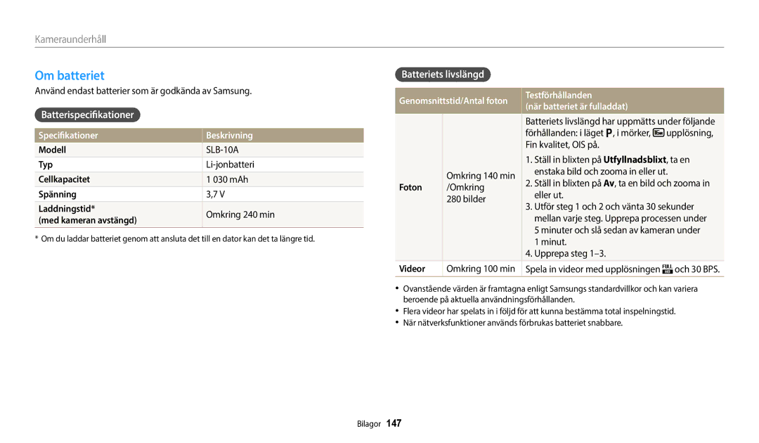 Samsung EC-WB800FFPWE2 manual Om batteriet, Batterispecifikationer, Batteriets livslängd, Specifikationer Beskrivning 