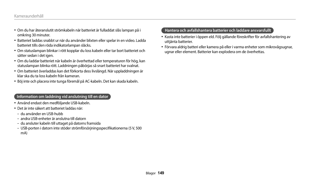 Samsung EC-WB700ZBPSE2, EC-WB800FBPWE2, EC-WB700ZBPBE2, EC-WB800FBPBE2 Information om laddning vid anslutning till en dator 