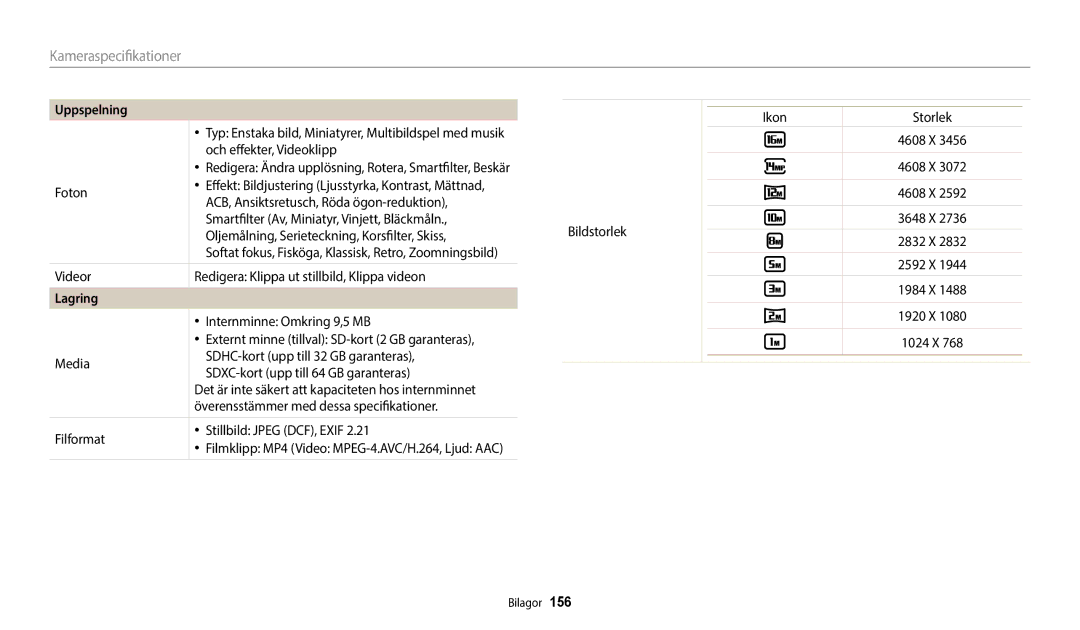 Samsung EC-WB800FBPWE2, EC-WB700ZBPSE2, EC-WB700ZBPBE2, EC-WB800FBPBE2, EC-WB800FFPWE2, EC-WB800FFPBE2 manual Lagring 