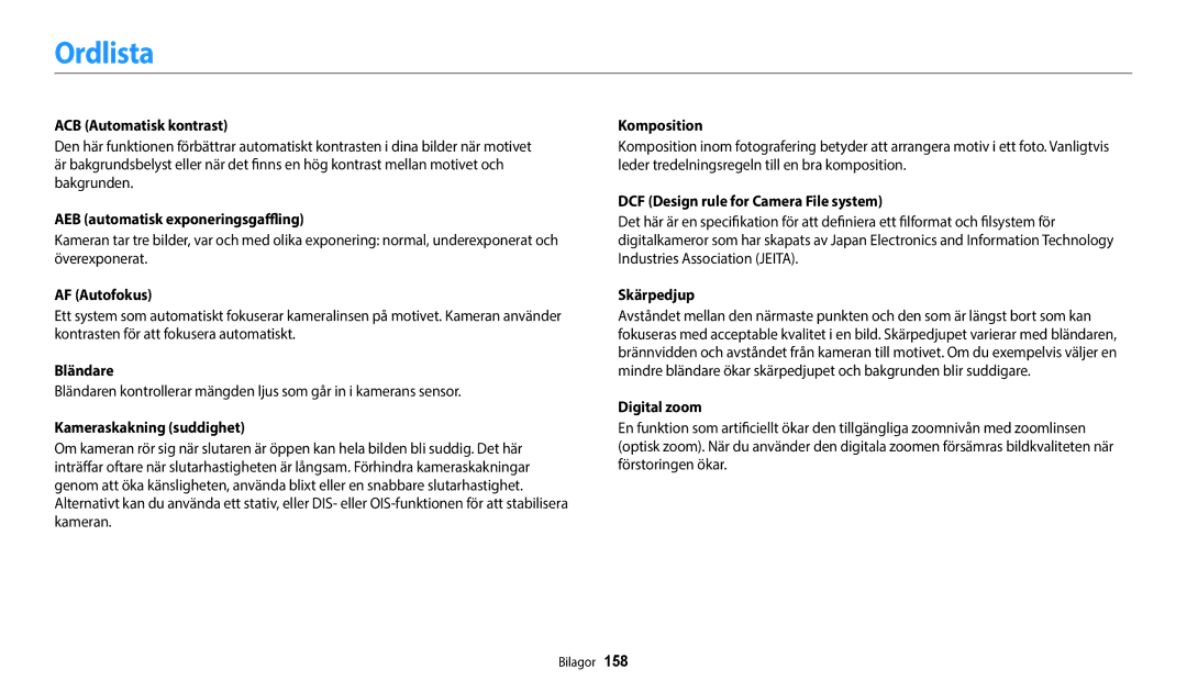 Samsung EC-WB800FBPBE2, EC-WB700ZBPSE2, EC-WB800FBPWE2, EC-WB700ZBPBE2, EC-WB800FFPWE2, EC-WB800FFPBE2 manual Ordlista 