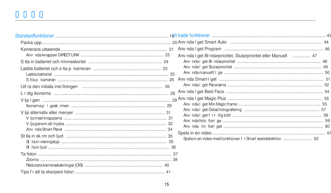 Samsung EC-WB800FFPWE2, EC-WB700ZBPSE2, EC-WB800FBPWE2, EC-WB700ZBPBE2 manual Innehåll, Reducera kameraskakningar OIS 