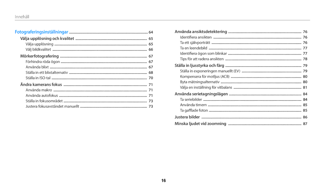 Samsung EC-WB800FFPBE2, EC-WB700ZBPSE2, EC-WB800FBPWE2, EC-WB700ZBPBE2, EC-WB800FBPBE2, EC-WB800FFPWE2 manual Innehåll 