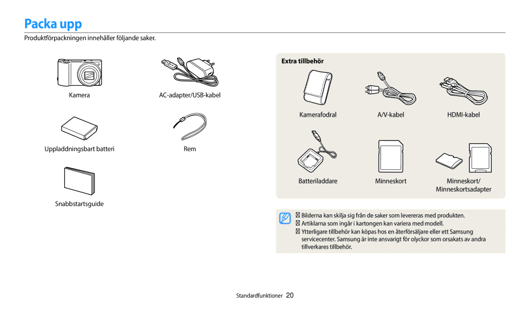 Samsung EC-WB800FBPBE2, EC-WB700ZBPSE2 manual Packa upp, Produktförpackningen innehåller följande saker, Extra tillbehör 