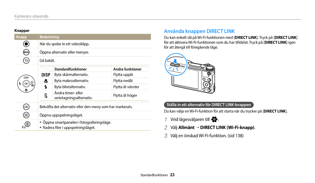 Samsung EC-WB700ZBPSE2 Använda knappen Direct Link, Vrid lägesväljaren till n, Välj Allmänt “ Direct Link Wi-Fi-knapp 