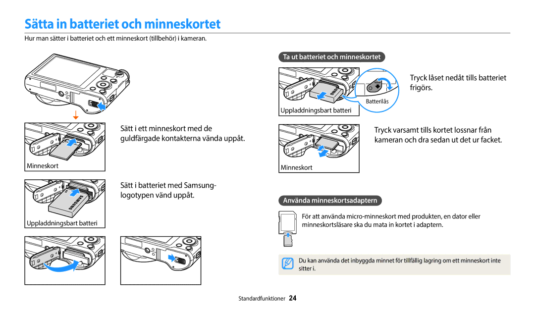 Samsung EC-WB800FBPWE2, EC-WB700ZBPSE2 manual Sätta in batteriet och minneskortet, Tryck låset nedåt tills batteriet frigörs 