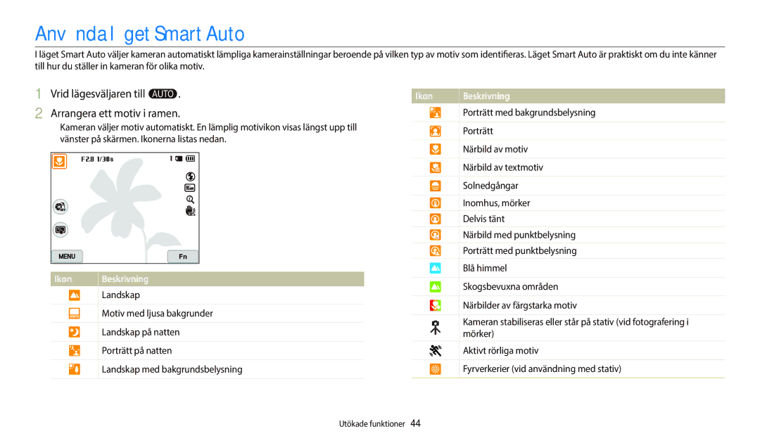 Samsung EC-WB800FBPBE2, EC-WB700ZBPSE2 Använda läget Smart Auto, Vrid lägesväljaren till T Arrangera ett motiv i ramen 