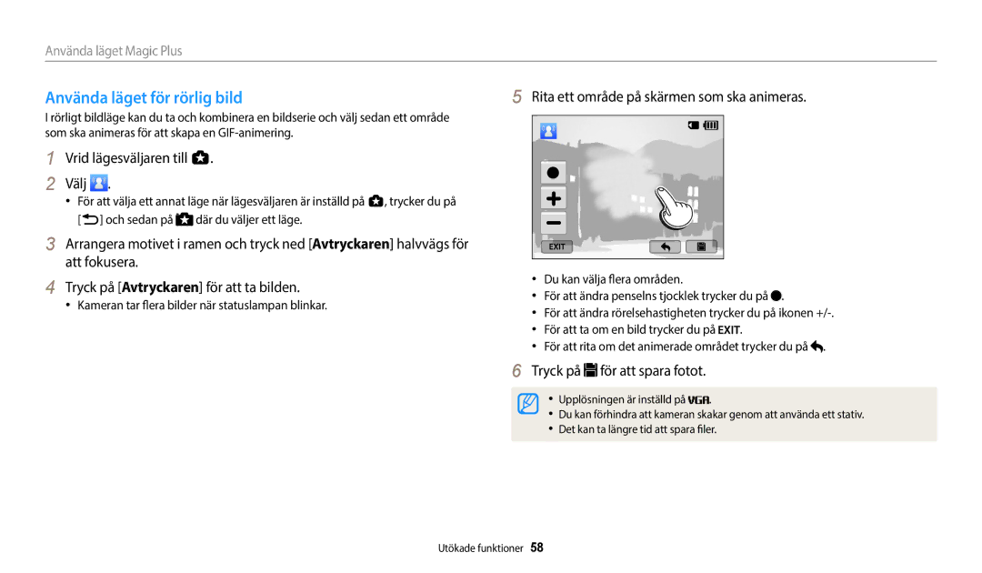 Samsung EC-WB800FFPBE2, EC-WB700ZBPSE2 manual Använda läget för rörlig bild, Rita ett område på skärmen som ska animeras 