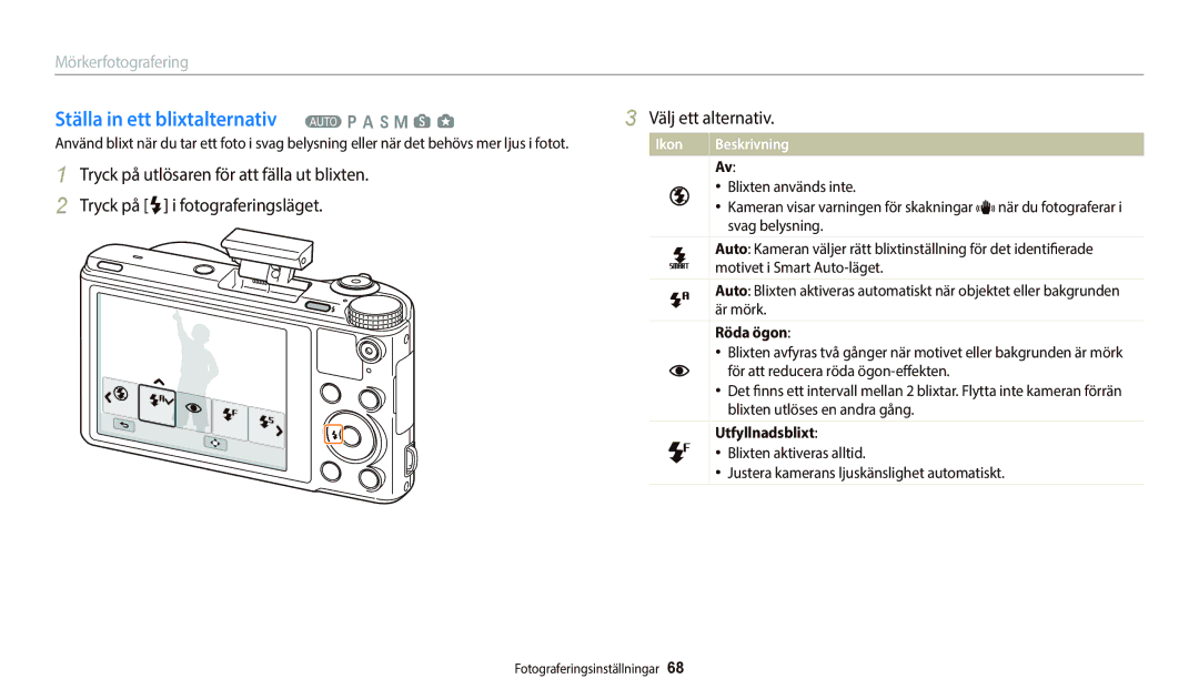 Samsung EC-WB800FBPBE2, EC-WB700ZBPSE2 manual Ställa in ett blixtalternativ T p a h M s g, Röda ögon, Utfyllnadsblixt 