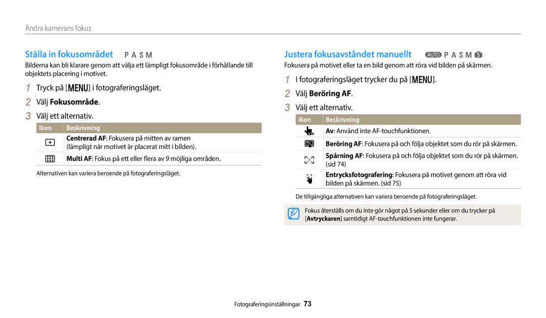 Samsung EC-WB700ZBPBE2 manual Ställa in fokusområdet p a h M, Justera fokusavståndet manuellt T p a h M s, Välj Fokusområde 