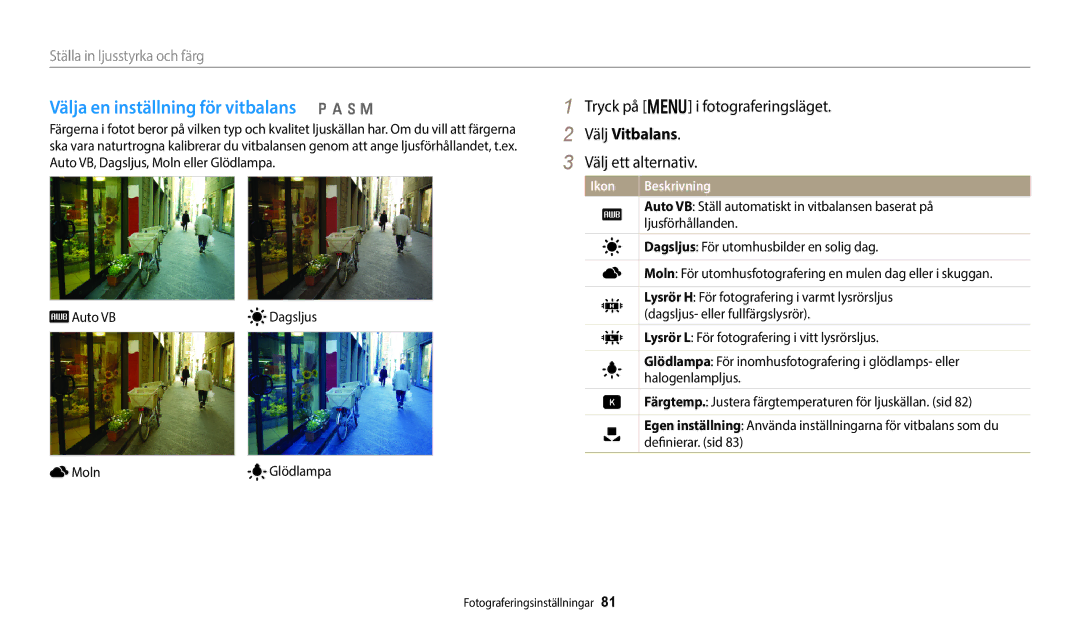 Samsung EC-WB800FFPWE2, EC-WB700ZBPSE2, EC-WB800FBPWE2 manual Välja en inställning för vitbalans p a h M, Välj Vitbalans 