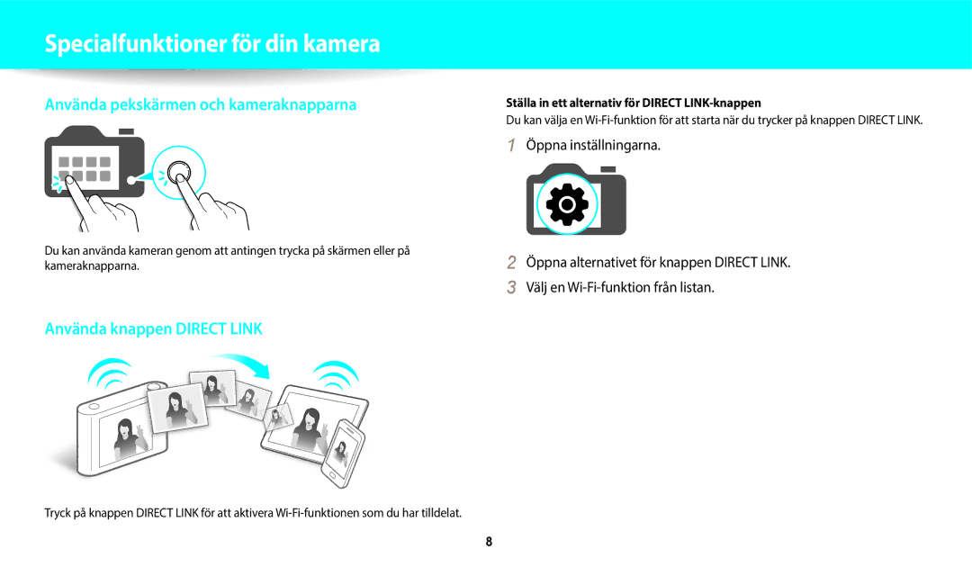 Samsung EC-WB800FBPBE2, EC-WB700ZBPSE2 Specialfunktioner för din kamera, Ställa in ett alternativ för Direct LINK-knappen 