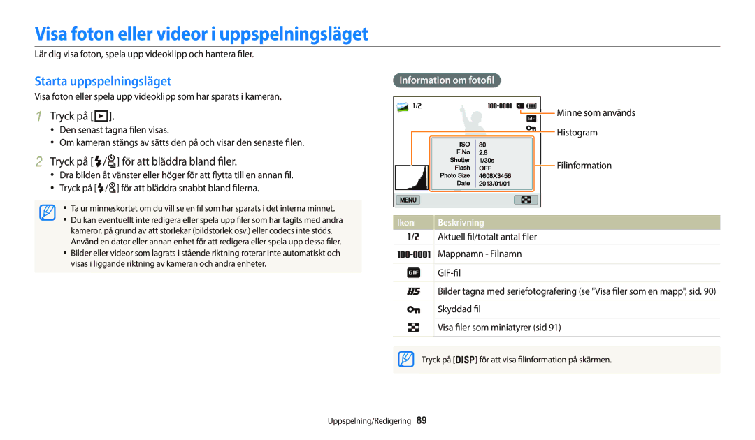 Samsung EC-WB700ZBPSE2, EC-WB800FBPWE2 Visa foton eller videor i uppspelningsläget, Starta uppspelningsläget, Tryck på P 