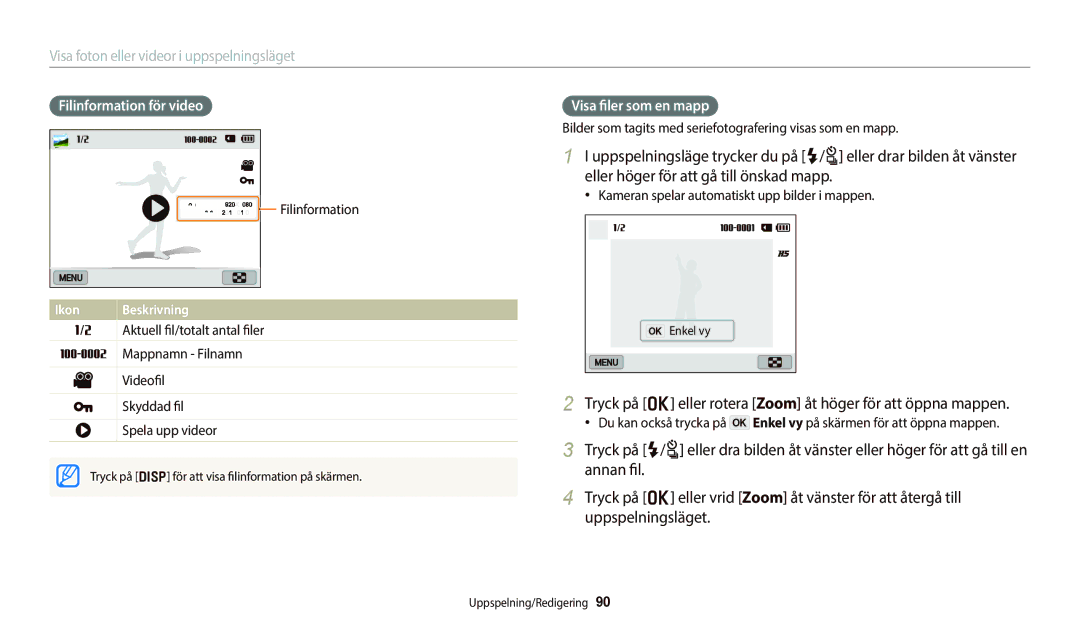 Samsung EC-WB800FBPWE2 manual Tryck på o eller rotera Zoom åt höger för att öppna mappen, Filinformation för video 