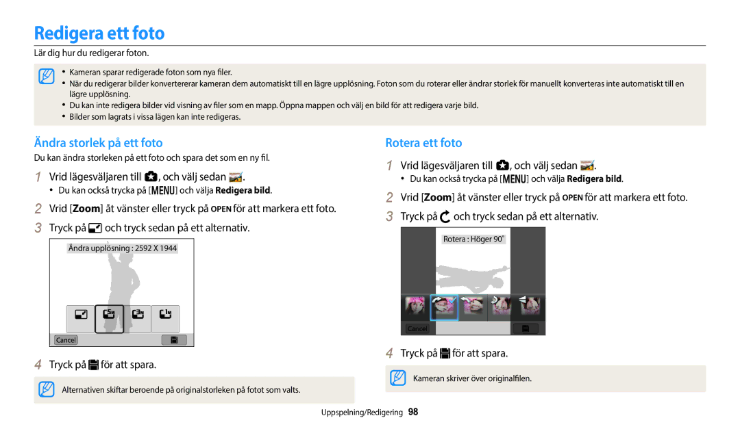 Samsung EC-WB800FBPBE2 manual Redigera ett foto, Ändra storlek på ett foto, Rotera ett foto, Tryck på för att spara 