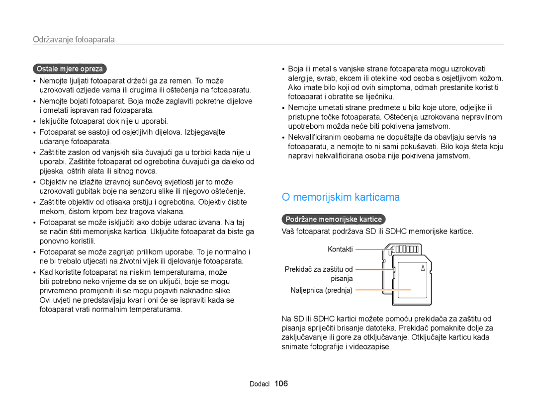 Samsung EC-WB700ZBPBE3, EC-WB700ZBPSE3 manual Memorijskim karticama, Ostale mjere opreza, Podržane memorijske kartice 