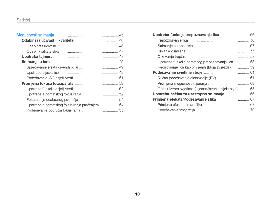 Samsung EC-WB700ZBPBE3, EC-WB700ZBPSE3 manual Sadržaj, Podešavanje područja fokusiranja 