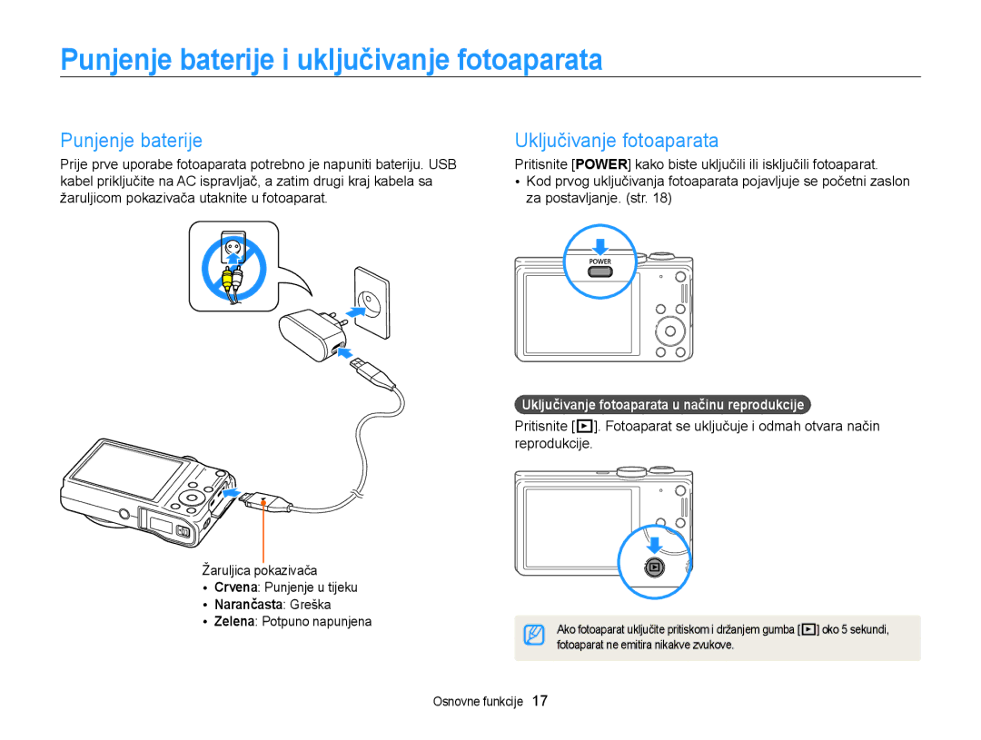 Samsung EC-WB700ZBPSE3 manual Punjenje baterije i uključivanje fotoaparata, Uključivanje fotoaparata, Narančasta Greška 