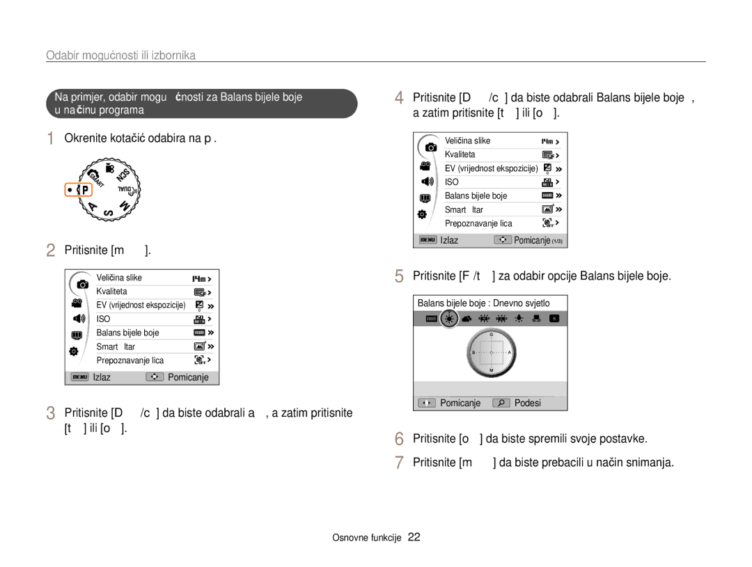 Samsung EC-WB700ZBPBE3, EC-WB700ZBPSE3 manual Odabir mogućnosti ili izbornika, Okrenite kotačić odabira na p Pritisnite m 