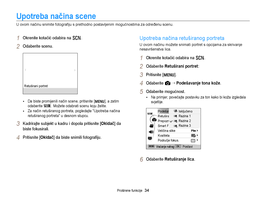 Samsung EC-WB700ZBPBE3 manual Upotreba načina scene, Upotreba načina retuširanog portreta, Odaberite Retuširani portret 