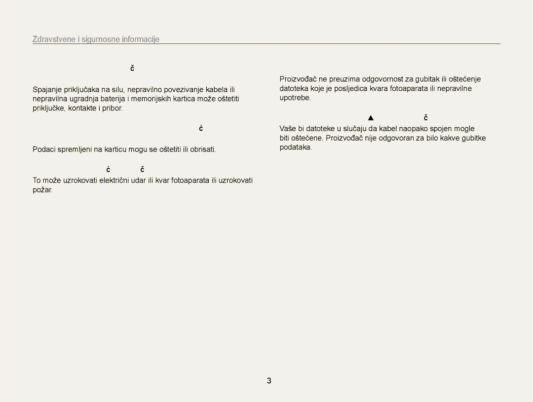 Samsung EC-WB700ZBPSE3, EC-WB700ZBPBE3 manual Podaci spremljeni na karticu mogu se oštetiti ili obrisati 