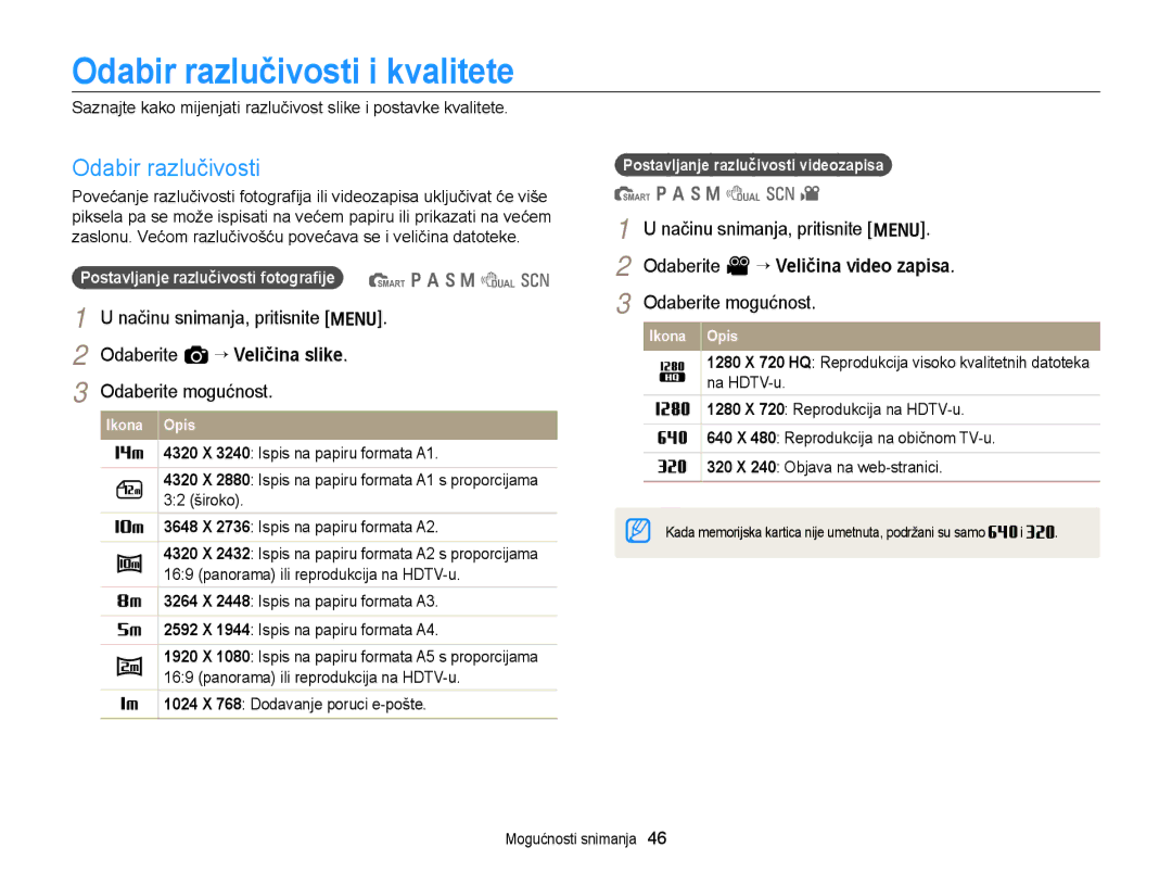 Samsung EC-WB700ZBPBE3 manual Odabir razlučivosti i kvalitete, Načinu snimanja, pritisnite m Odaberite a “ Veličina slike 