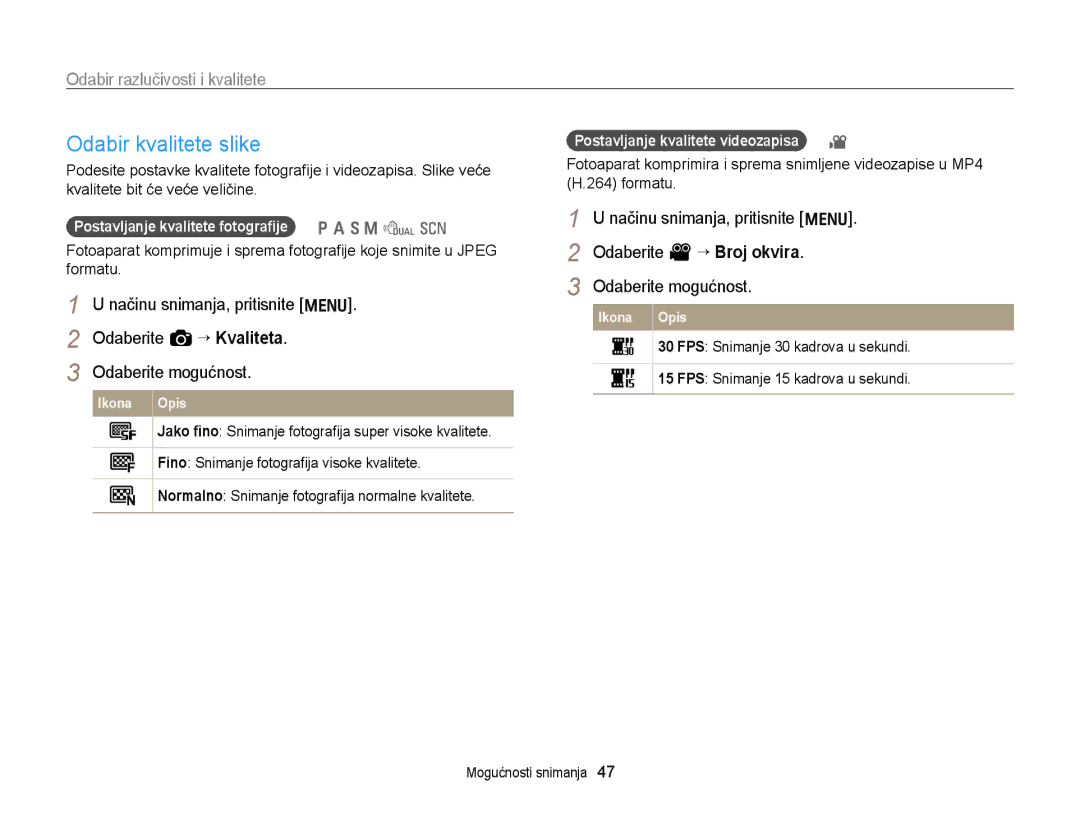 Samsung EC-WB700ZBPSE3, EC-WB700ZBPBE3 manual Odabir kvalitete slike, Odabir razlučivosti i kvalitete 