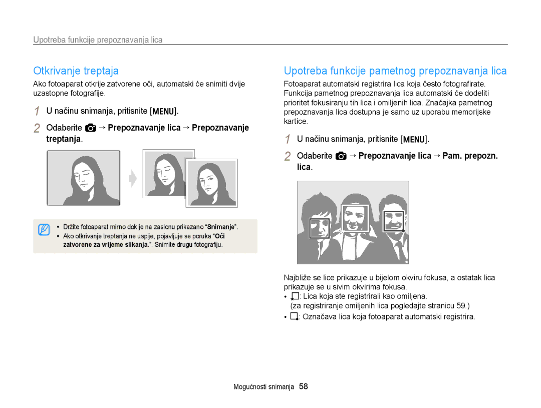 Samsung EC-WB700ZBPBE3, EC-WB700ZBPSE3 manual Otkrivanje treptaja, Upotreba funkcije pametnog prepoznavanja lica 