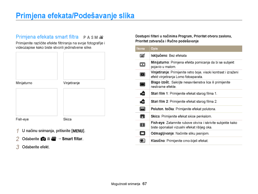 Samsung EC-WB700ZBPSE3, EC-WB700ZBPBE3 manual Primjena efekata/Podešavanje slika, Primjena efekata smart ﬁltra p a h M 