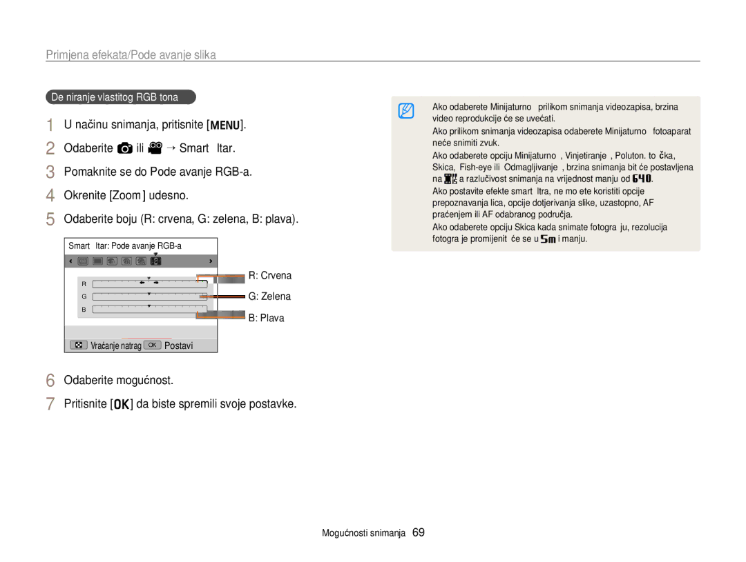 Samsung EC-WB700ZBPSE3 manual Odaberite a ili V “ Smart ﬁltar, Pomaknite se do Podešavanje RGB-a, Odaberite mogućnost 